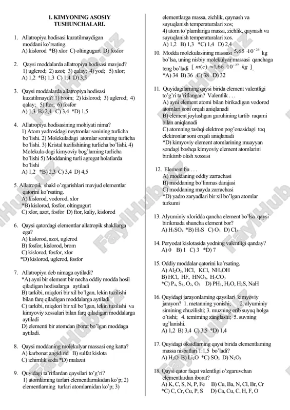 kimyo  7-8-9-10-11 sinflarga mavzulashtirilgan testlar — DOC
