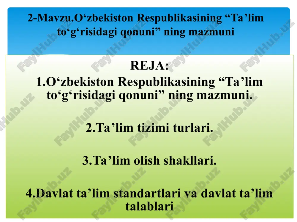 o‘zbekiston respublikasining “ta’lim to‘g‘risidagi qonuni” ning mazmuni — PPT