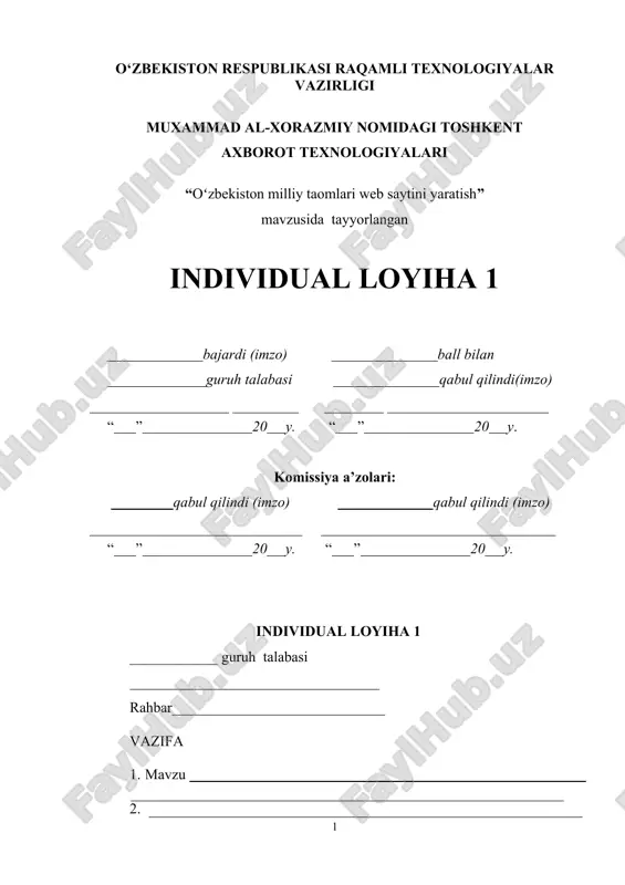 oʻzbekiston milliy taomlari web saytini yaratish — DOCX