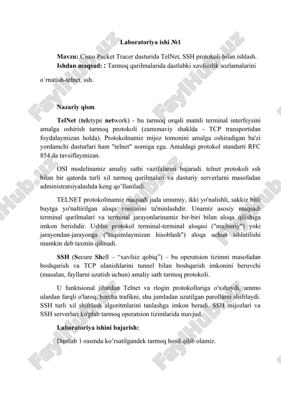 cisco packet tracer dasturida telnet, ssh protokoli bilan ishlash. — DOCX