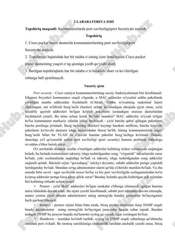 kommutatorlarda port xavfsizligi(port securty)ni sozlash — DOCX