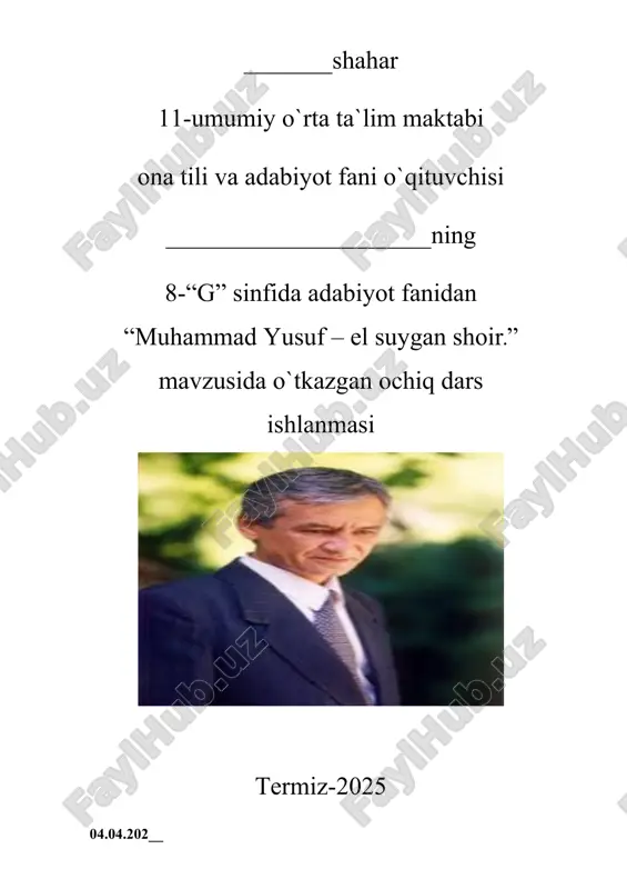 8-sinf adabiyot ochiq dars — DOCX