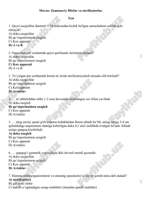 13. zamonaviy filtrlar va sterilizatorlar. test 10 ta, javoblari bilan. — DOC
