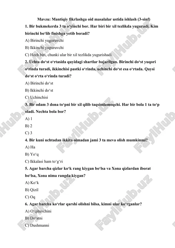 mantiqiy fikrlashga oid masalalar ustida ishlash (3-sinf) — DOCX