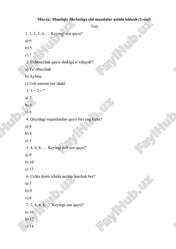 mantiqiy fikrlashga oid masalalar ustida ishlash (1-sinf) — DOCX