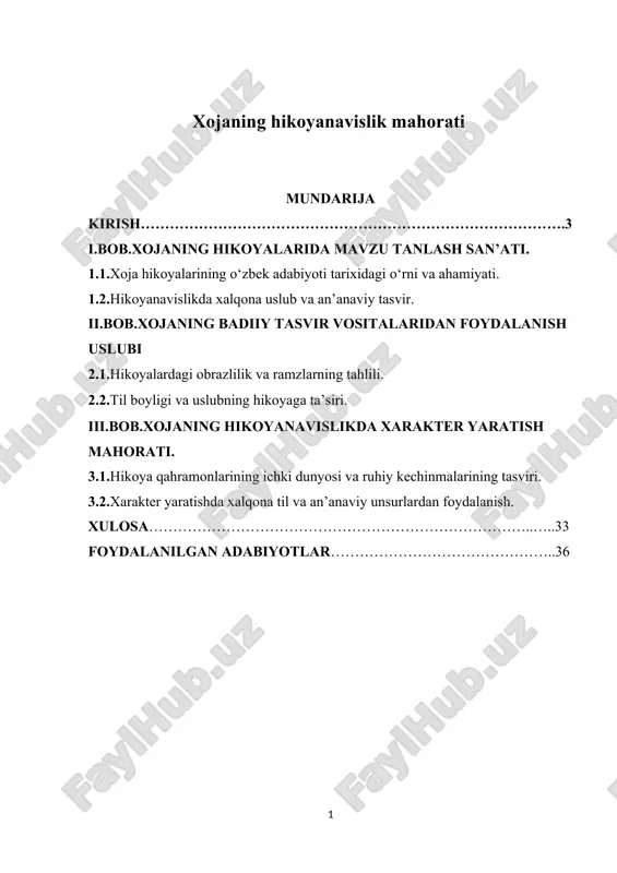 xojaning hikoyanavislik mahorati — DOCX
