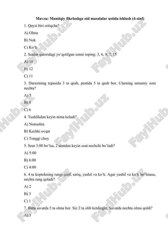 mantiqiy fikrlashga oid masalalar ustida ishlash (4-sinf) — DOCX