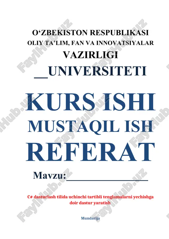 c# dasturlash tilida uchinchi tartibli tenglamalarni yechishga doir dastur yaratish — DOCX
