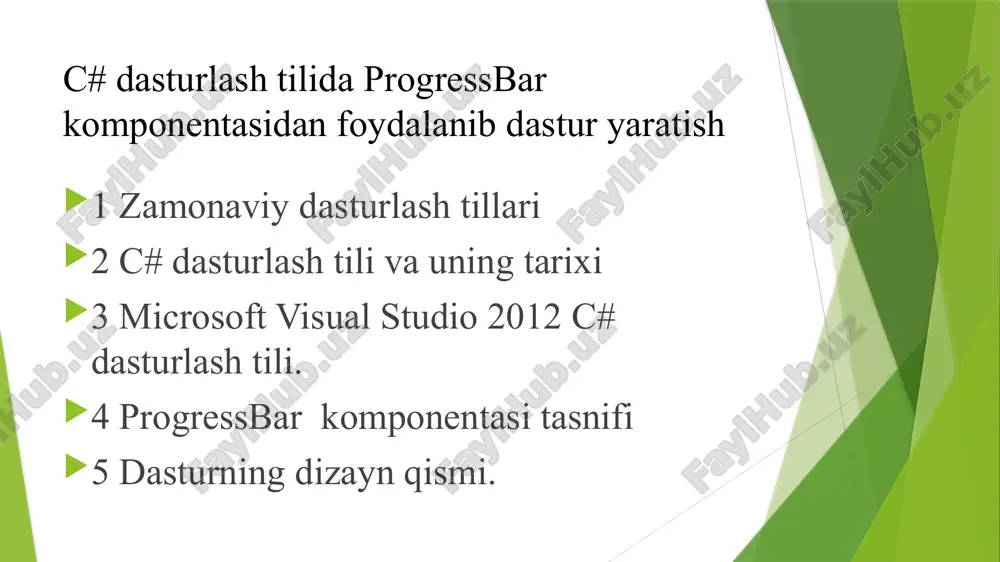 c# dasturlash tilida progressbar komponentasidan foydalanib dastur yaratish — PPTX
