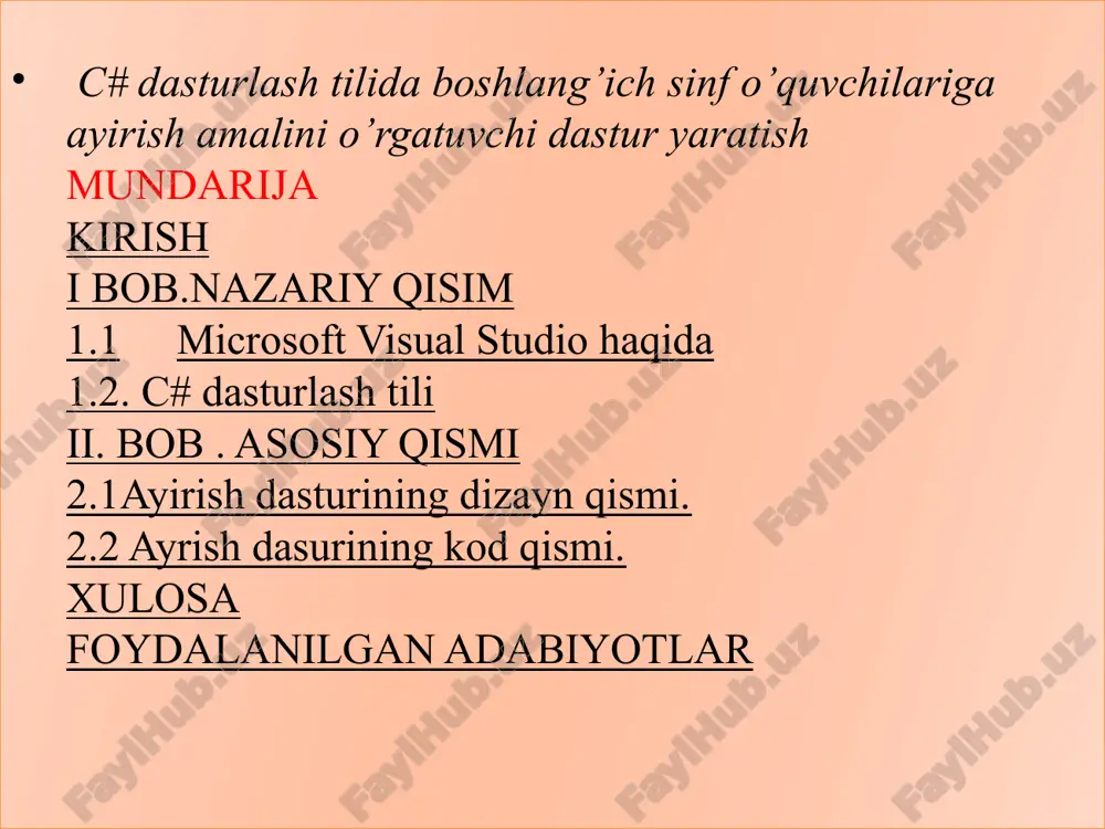 c# dasturlash tilida boshlang’ich sinf o’quvchilariga ayirish amalini o’rgatish — PPTX