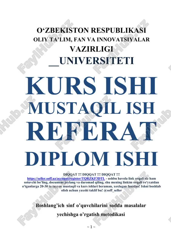 boshlang’ich sinf o’quvchilarini sodda masalalar yechishga o’rgatish metodikasi — DOCX
