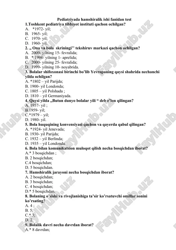 pediatriyada hamshiralik ishi fanidan test — DOCX