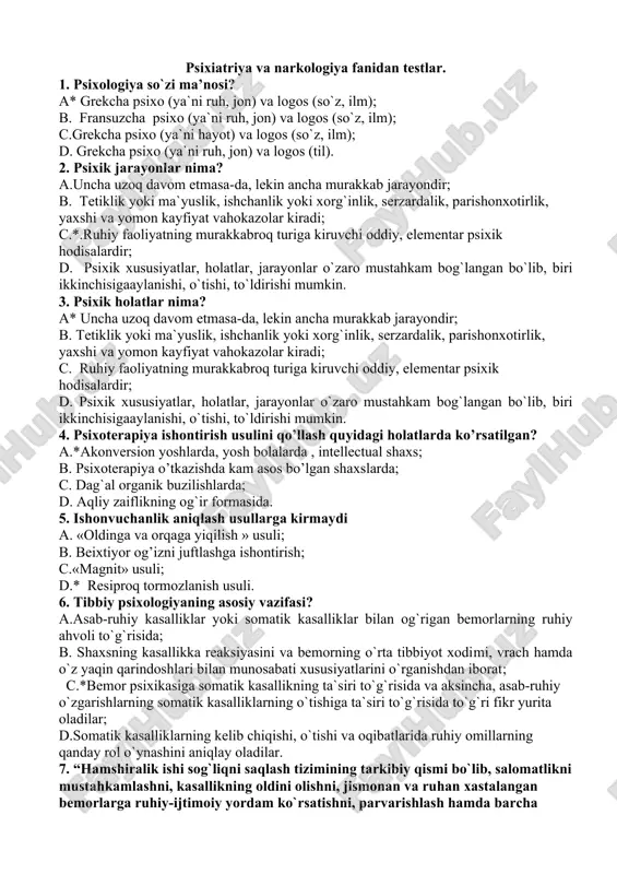 psixiatriya va narkologiya fanidan testlar — DOCX