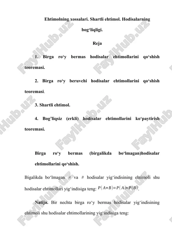 ehtimolning xossalari. shartli ehtimol. hodisalarning bog‘liqligi. — DOCX
