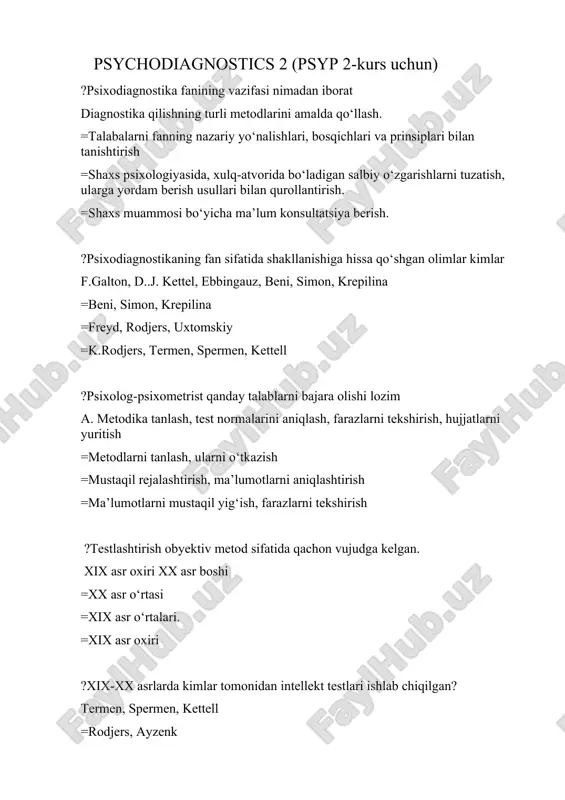psychodiagnostics 2 (psyp 2-kurs uchun) — DOCX