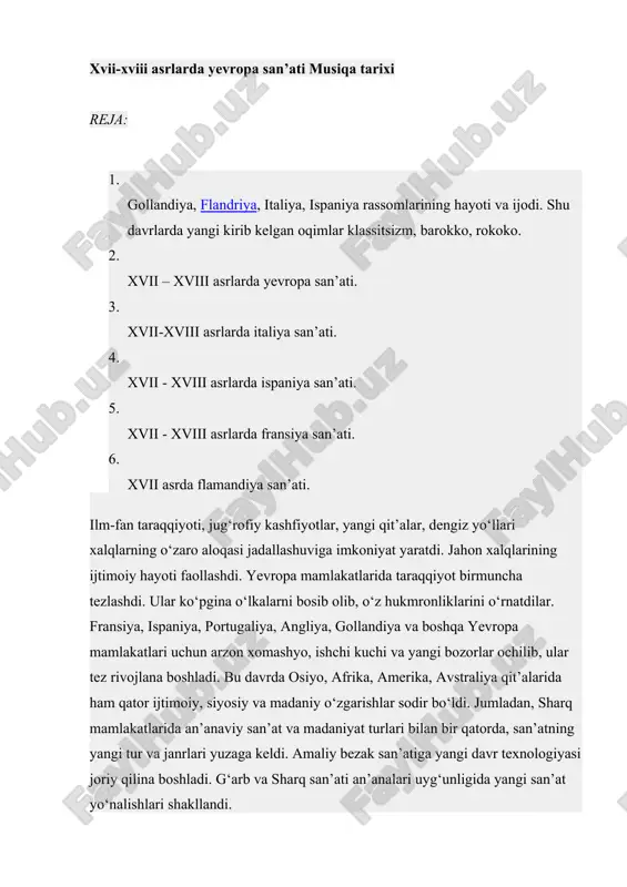 xvii-xviii asrlarda yevropa san’ati musiqa tarixi — DOCX