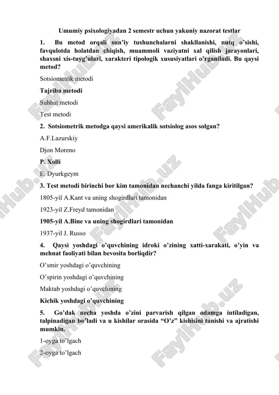 umumiy psixologiyadan 2 semestr uchun yakuniy nazorat testlar — DOCX