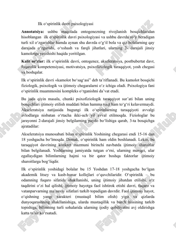 ilk o‘sipirinlik davri psixologiyasi — DOCX