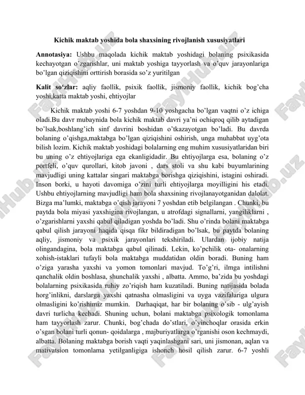 kichik maktab yoshida bola shaxsining rivojlanish xususiyatlari — DOCX