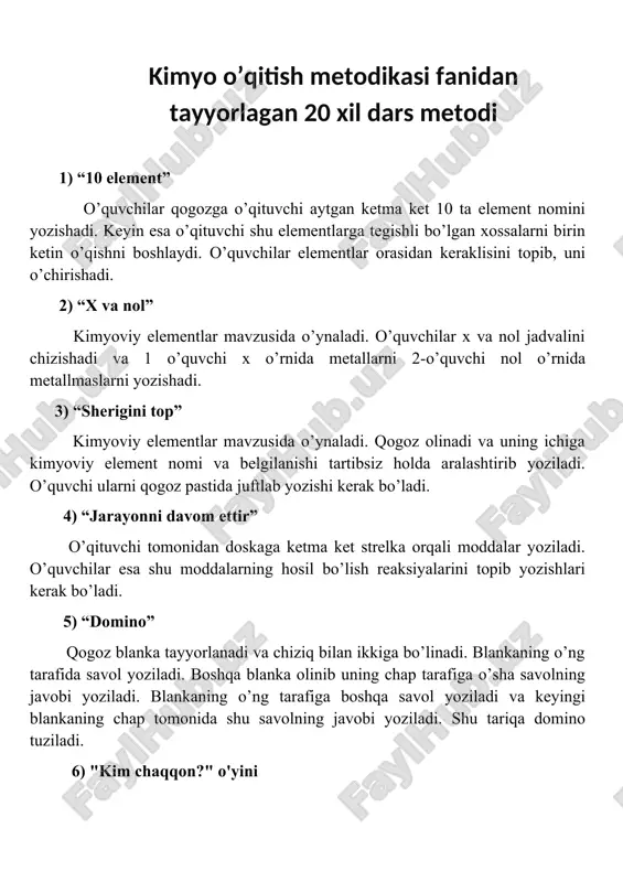 kimyo o’qitish metodikasi fanidan tayyorlagan 20 xil dars metodi — DOCX