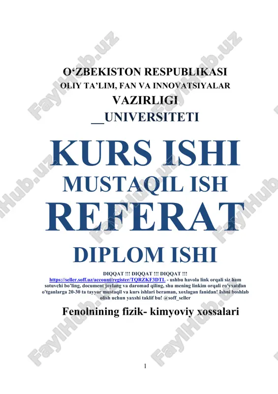 fenolning fizik-kimyoviy xossalari — DOCX