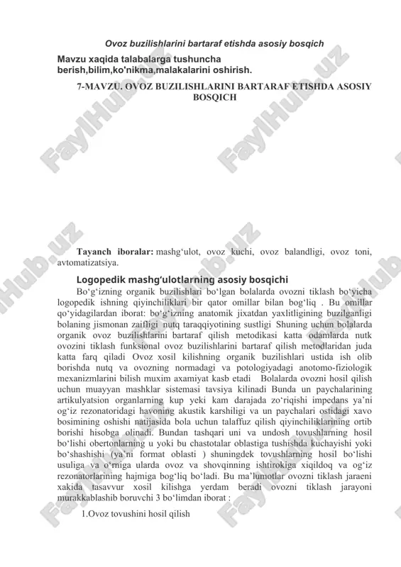 ovoz buzilishlarini bartaraf etish, logopedik mashg‘ulotlarning asosiy bosqichi — DOCX