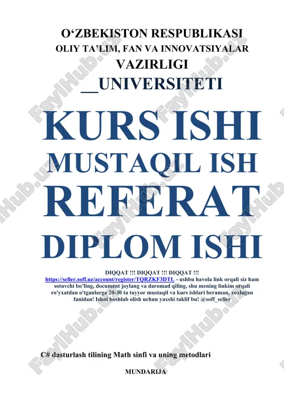 c# dasturlash tilining math sinfi va uning metodlari — DOCX