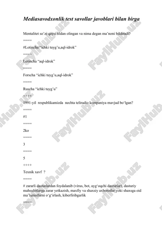 mediasavodxonlik test savollar — DOCX