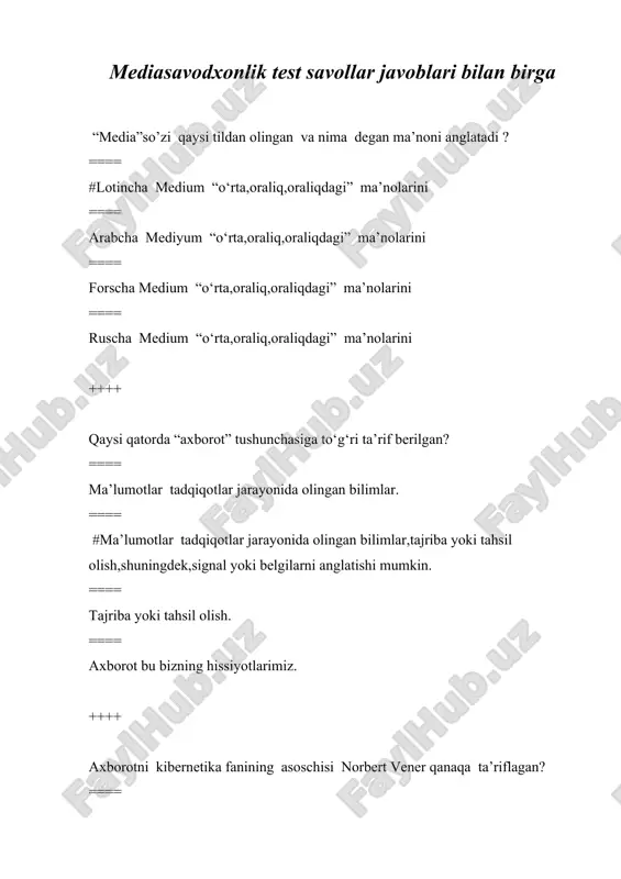 mediasavodxonlik test savollar javoblari bilan birga — DOCX