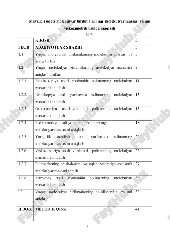 yuqori molekulyar birikmalarning molekulyar massasi va uni viskozimetrik usulda aniqlash — ZIP