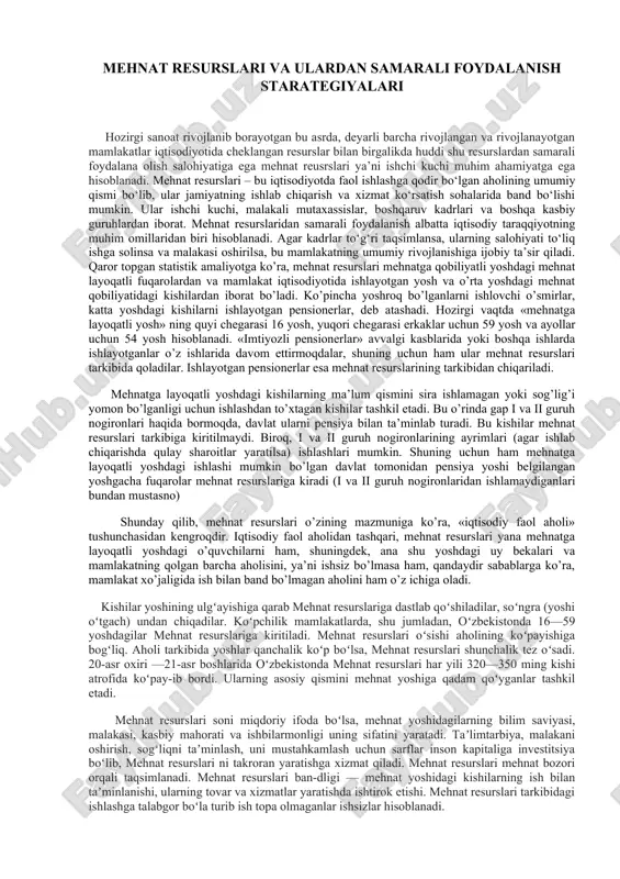 mehnat resurslari va ulardan samarali foydalanish starategiyalari — DOCX