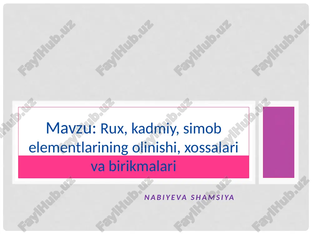 rux, kadmiy, simob elementlarining olinishi, xossalari va birikmalari — ZIP