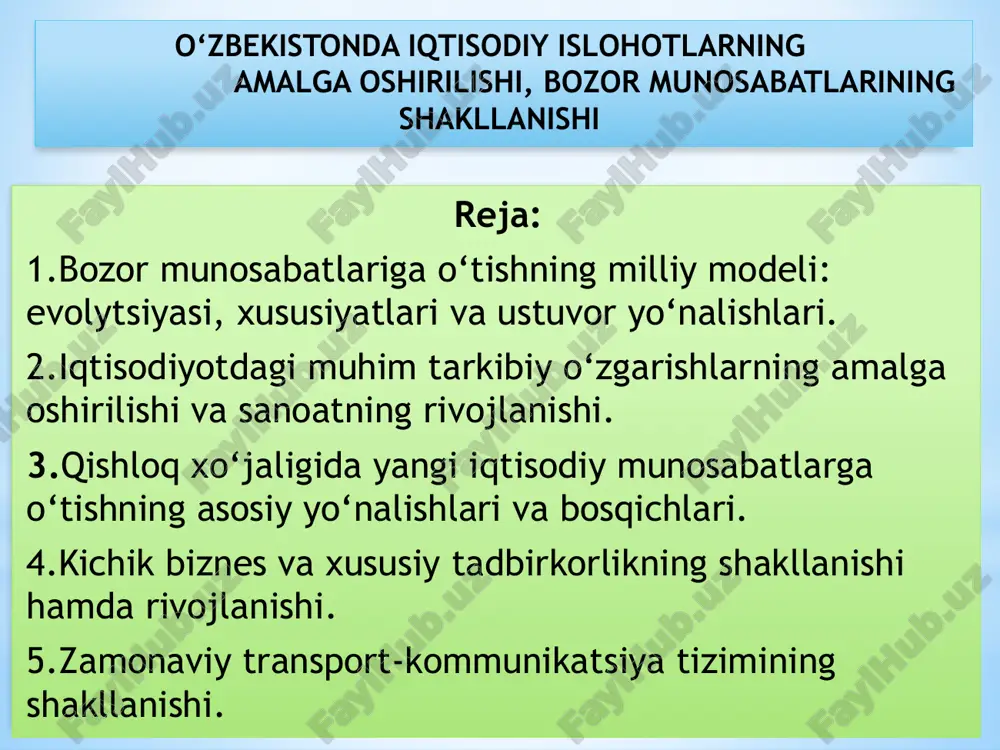 о‘zbekistonda iqtisodiy islohotlarning    amalga oshirilishi, bozor munosabatlarining shakllanishi — PPTX