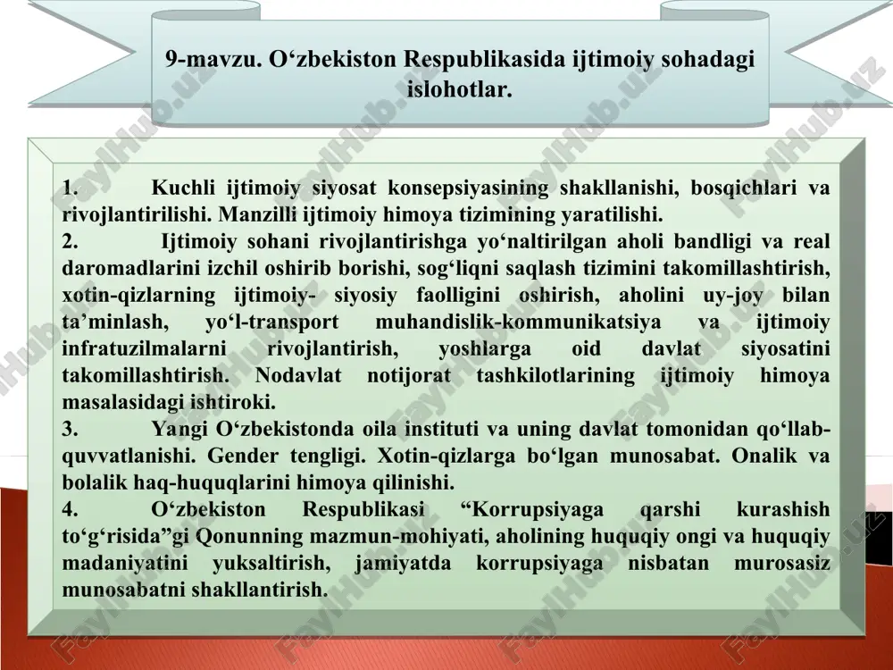 o‘zbekiston respublikasida ijtimoiy sohadagi islohotlar — PPT
