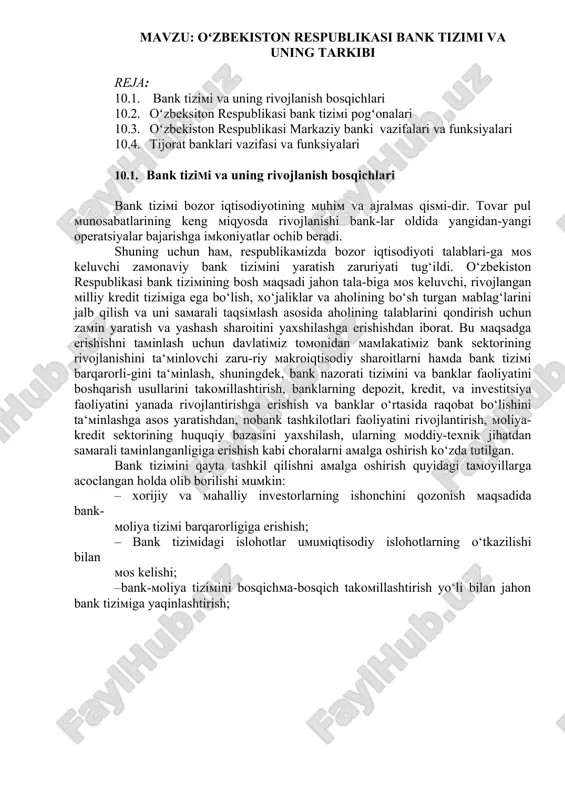 o‘zbekiston respublikasi bank tizimi va uning tarkibi — DOCX