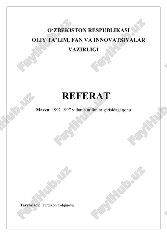 1992 1997 yillarda ta'lim to'g'risidagi qonu — DOCX