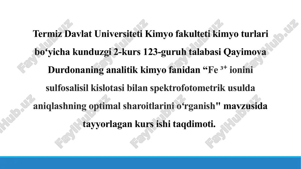 fe ³⁺ ionini sulfosalisil kislotasi bilan spektrofotometrik usulda aniqlashning optimal sharoitlarini o'rganish — PPTX