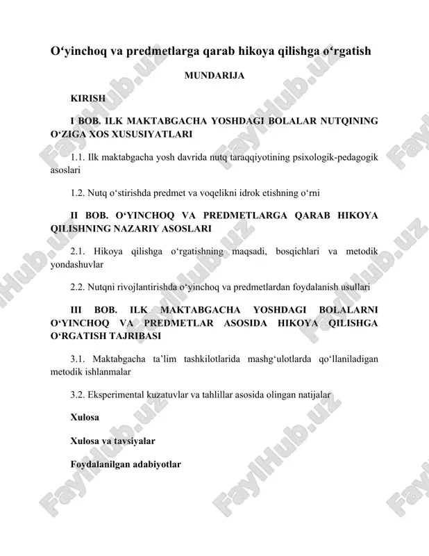 oʻyinchoq va predmetlarga qarab hikoya qilishga oʻrgatish — DOCX