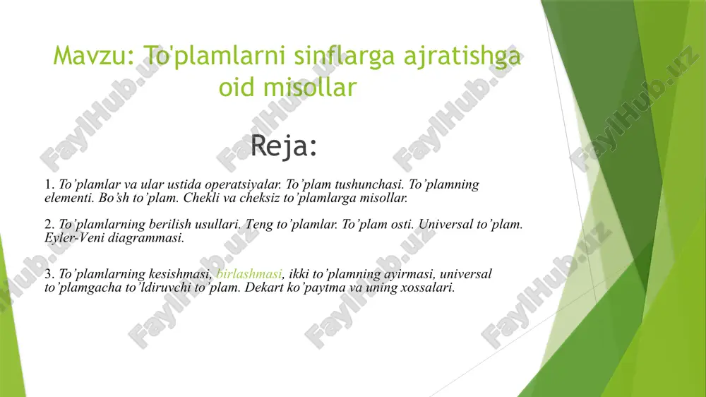 to’plamlarni sinflarga ajratishga oid misollar. — PPTX