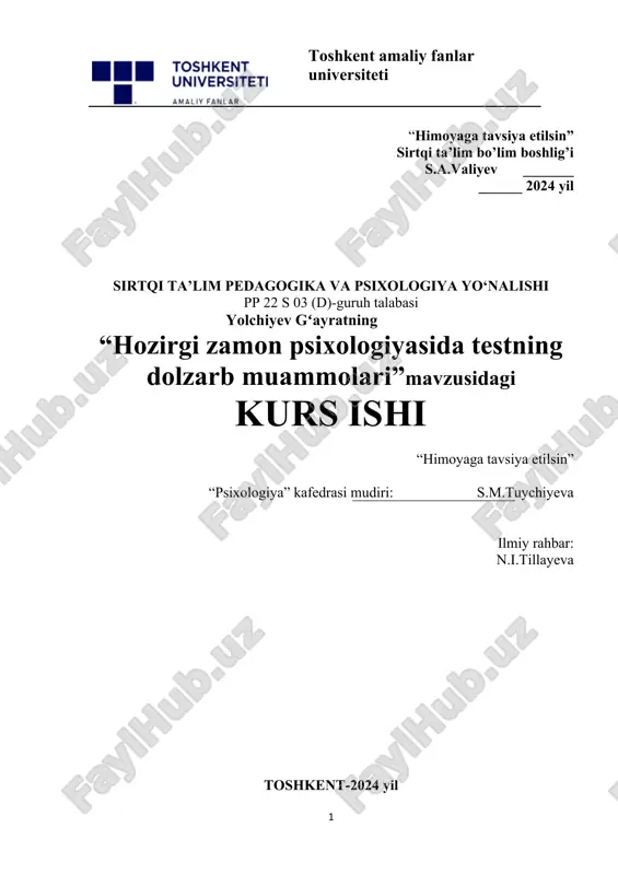 hozirgi zamon psixologiyasida testning dolzarb muammolari — DOCX