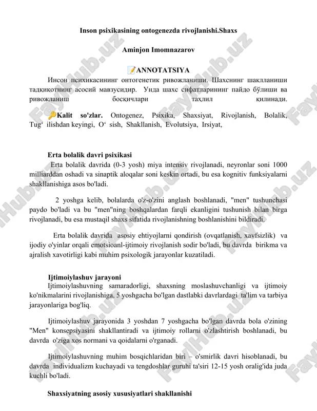 inson psixikasining ontogenezda rivojlanishi — DOCX