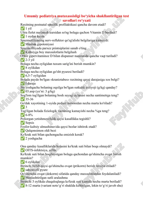 umumiy pediatriya mutaxassisligi boʻyicha shakllantirilgan test savollari roʻyxati — DOCX