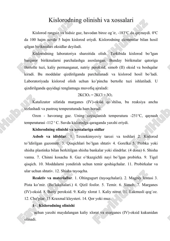 kislorodning olinishi va xossalari — ZIP