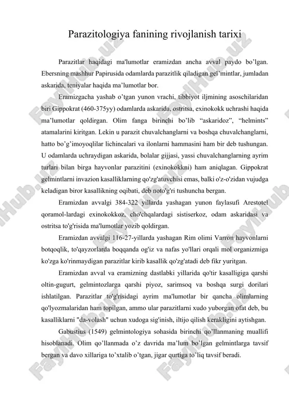 parazitologiya fanining rivojlanish tarixi — ZIP