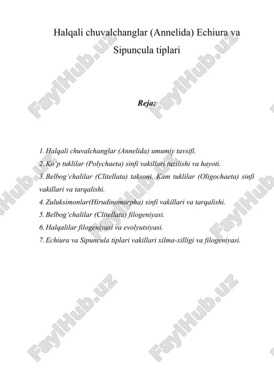 halqali chuvalchanglar (annelida) echiura va sipuncula tiplari — ZIP