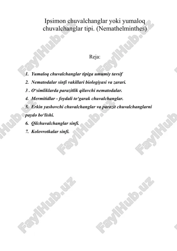 ipsimon chuvalchanglar yoki yumaloq chuvalchanglar tipi. (nemathelminthes) — ZIP