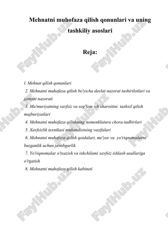 mehnatni muhofaza qilish qonunlari va uning tashkiliy asoslari — DOCX