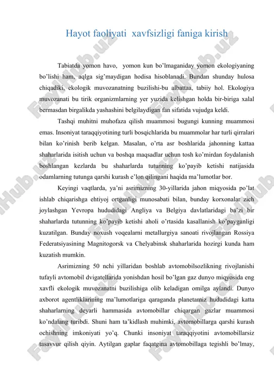 hayot faoliyati xavfsizligi faniga kirish — DOCX
