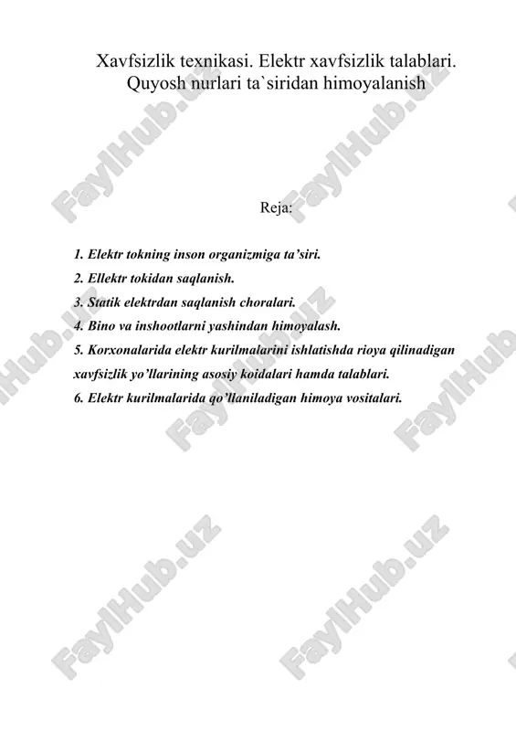xavfsizlik texnikasi. elektr xavfsizlik talablari. quyosh nurlari ta`siridan himoyalanish — DOC