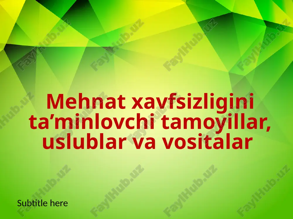 mehnat xavfsizligini ta’minlovchi tamoyillar, uslublar va vositalar — PPTX
